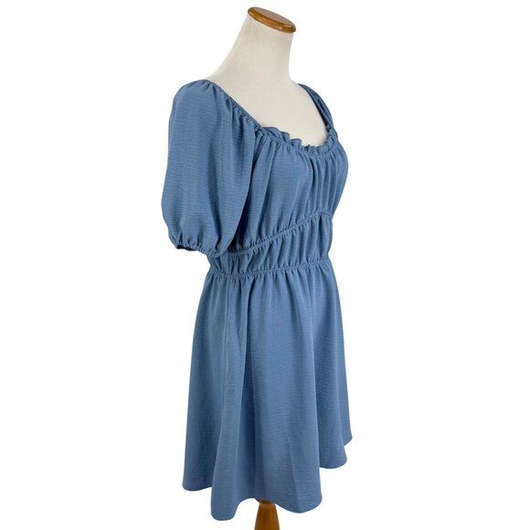 June + Hudson Blue Empire Puff Sleeve Mini Dress Cottagecore Prairie Babydoll - Picture 7 of 13